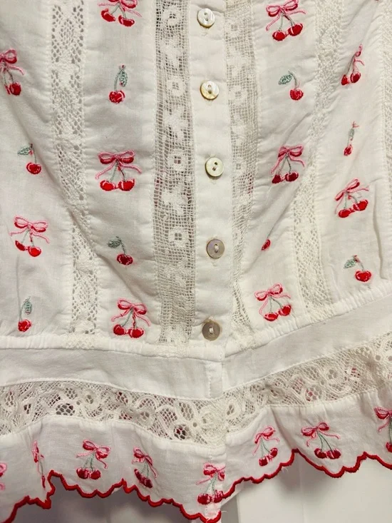 NWT [LoveShackFancy] Vietta Embroidered Cherry Lace Crop Top White Women’s XS - Picture 7 of 14